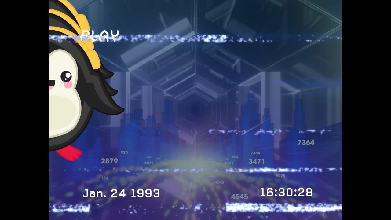 글리치,  ⁇  및 파란색 디지털 움직이는 공간과 함께 화면의 애니메이션