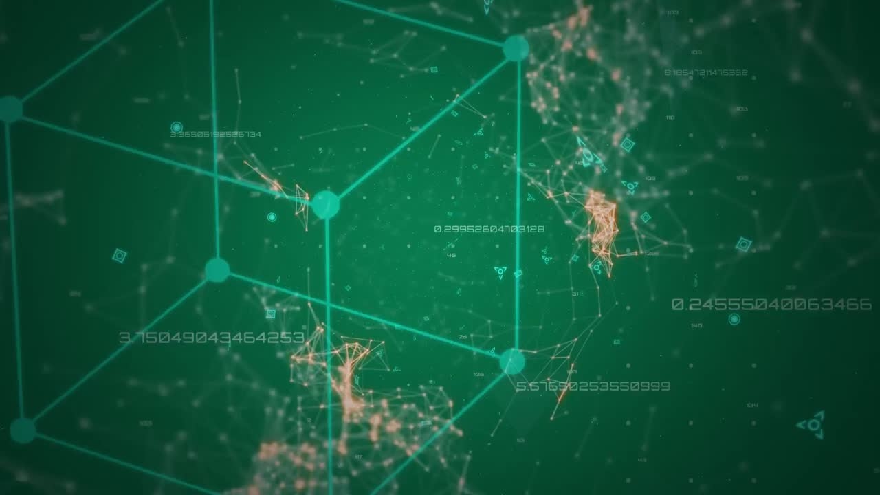 cubo 3d y puntos de conexión en verde y naranja moviéndose sobre fondo verde oscuro