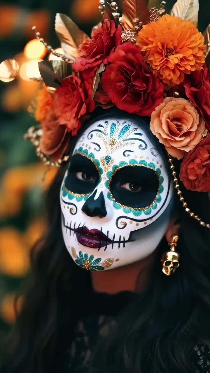 Video ravvicinato di una donna con trucco da Giorno dei Morti, fiori vivaci e un'atmosfera festosa.