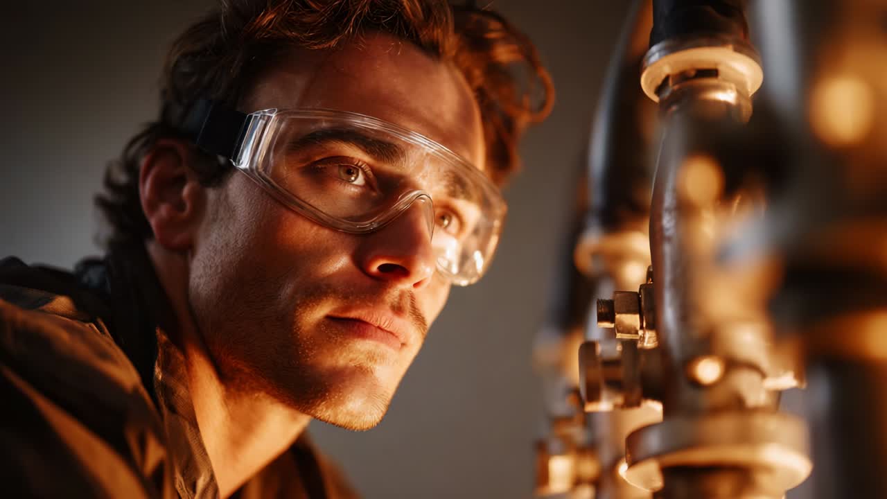 A focused technician wearing protective goggles intently examines complex machinery components, showcasing expertise and attention to detail in a well-lit industrial environment, highlighting precision and safety measures