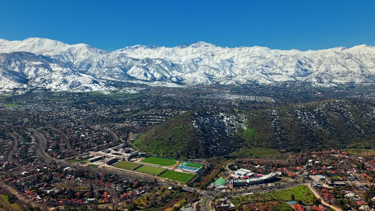 Aerial View of Santiago, Chile with Snowy Andes Mountains