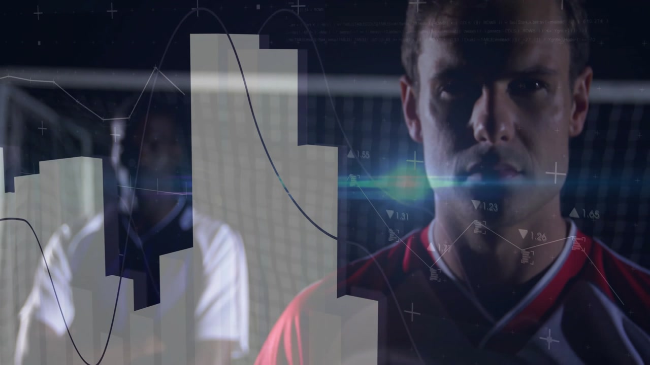 Two soccer teammates posing by goal net, displaying sports analytics with bar charts, markers