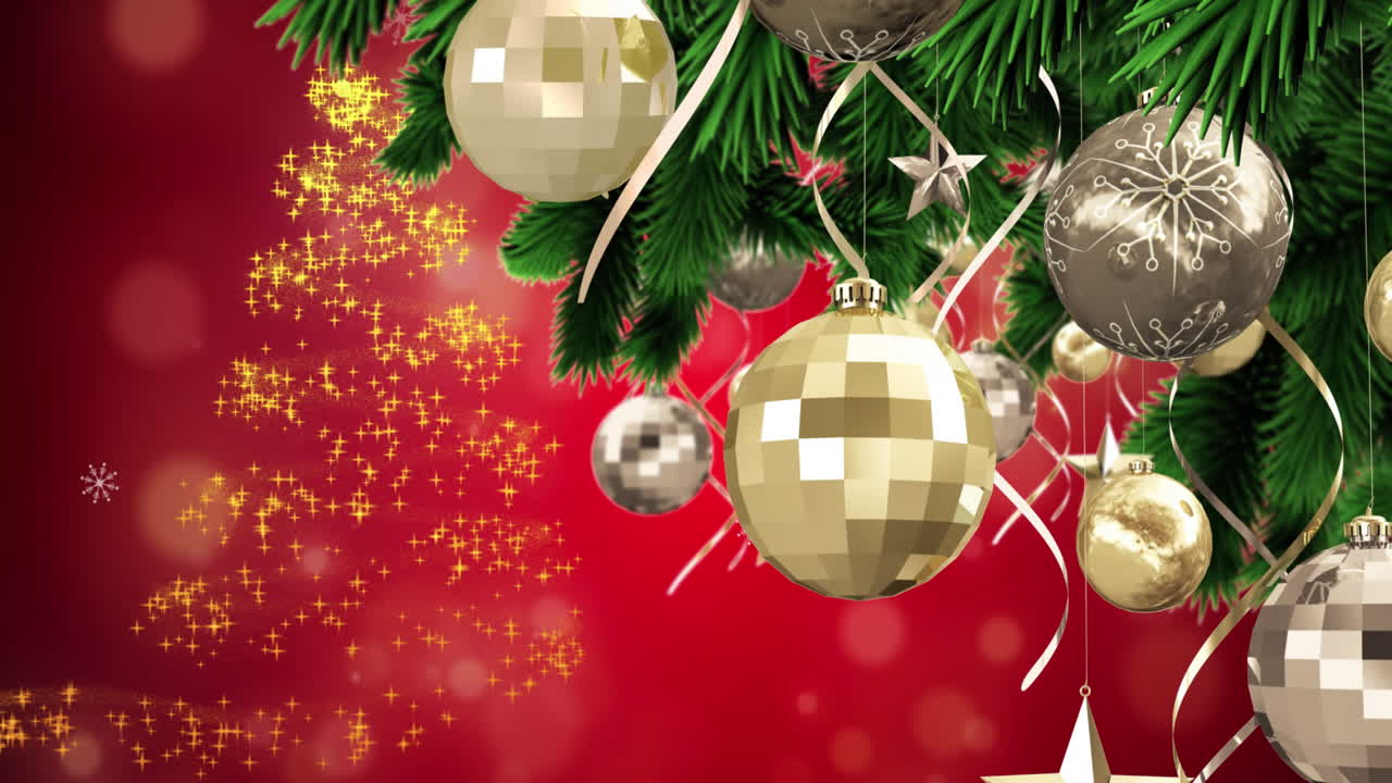 animación de nieve cayendo sobre decoraciones de navidad sobre fondo rojo