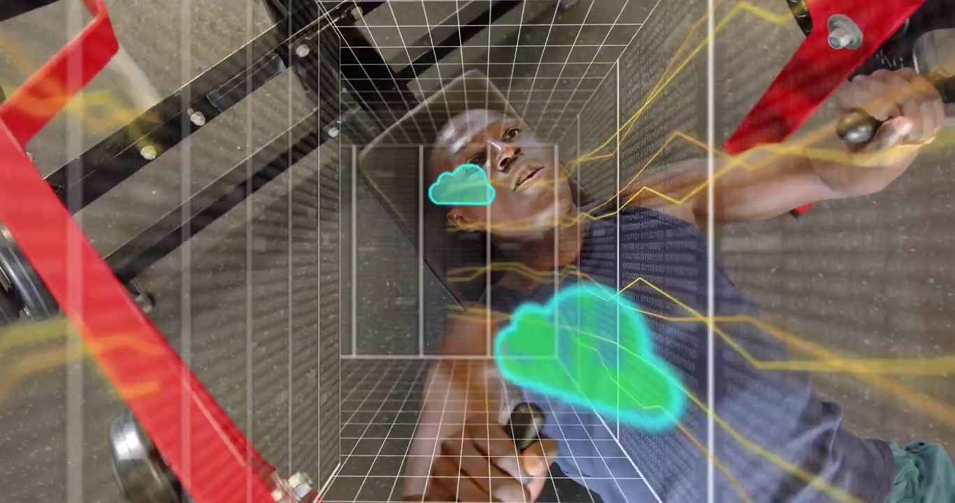 Uomo che preme le maniglie attivando un cubo con linee grafiche, nuvole e codice binario che mappa le metriche della salute.