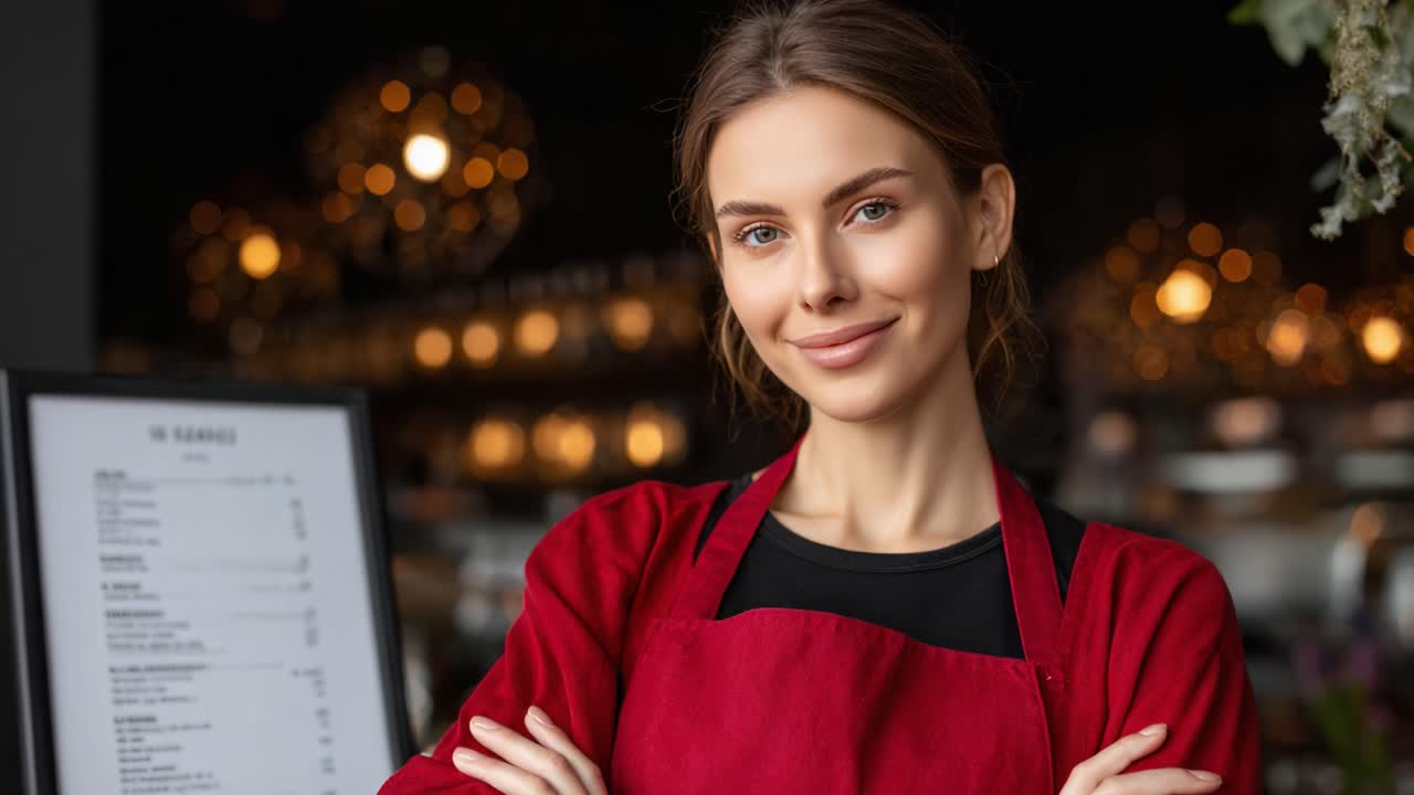 Friendly Server in a Cozy Caf? Setting, Displaying a Warm Smile with an Eager Attitude Towards Customers while Showcasing the Menu in the Background