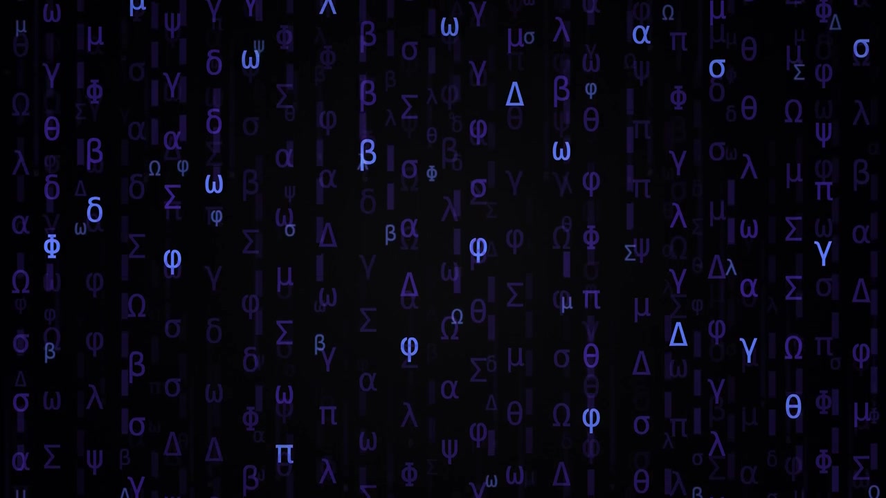 Blue Greek letters fall vertically against a dark background in a digital matrix rain animation