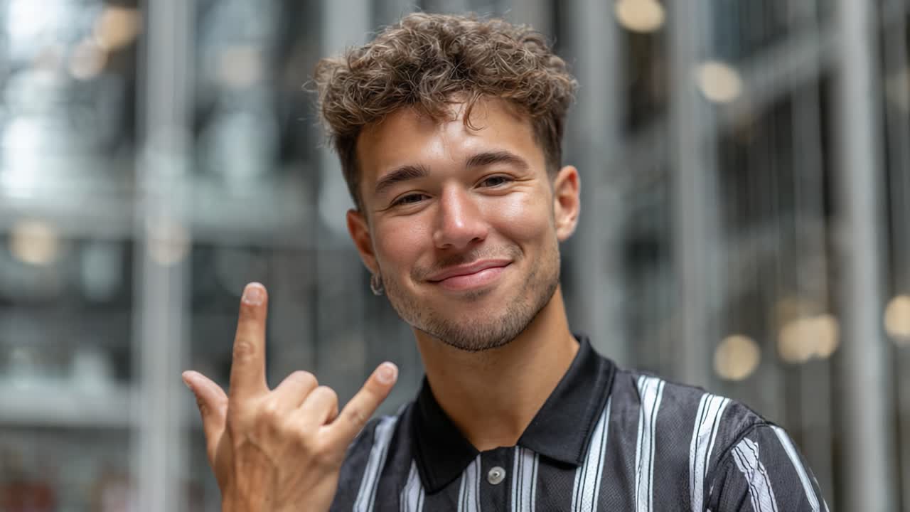 Un giovane allegro che esprime entusiasmo e positività con un gesto giocoso della mano, mostrando una camicia a righe elegante, ripreso in un ambiente urbano moderno