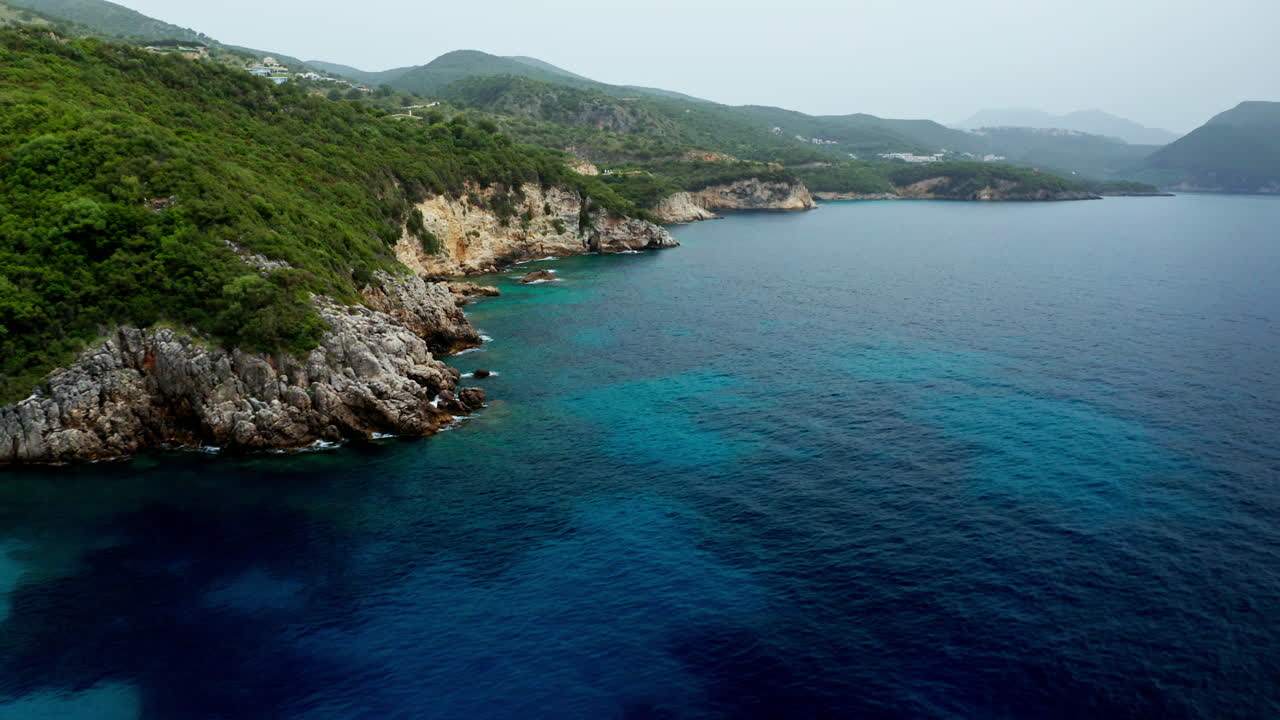 Aerial drone view of the rocky coastline in Preveza, in the Epirus region in Greece