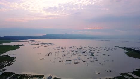 aerial panorama shot of fishing farms surrounded by rice fields during colorful sunrise