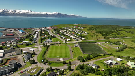 north coast of iceland on the shores of skjálfandi bay sunny day over husavik