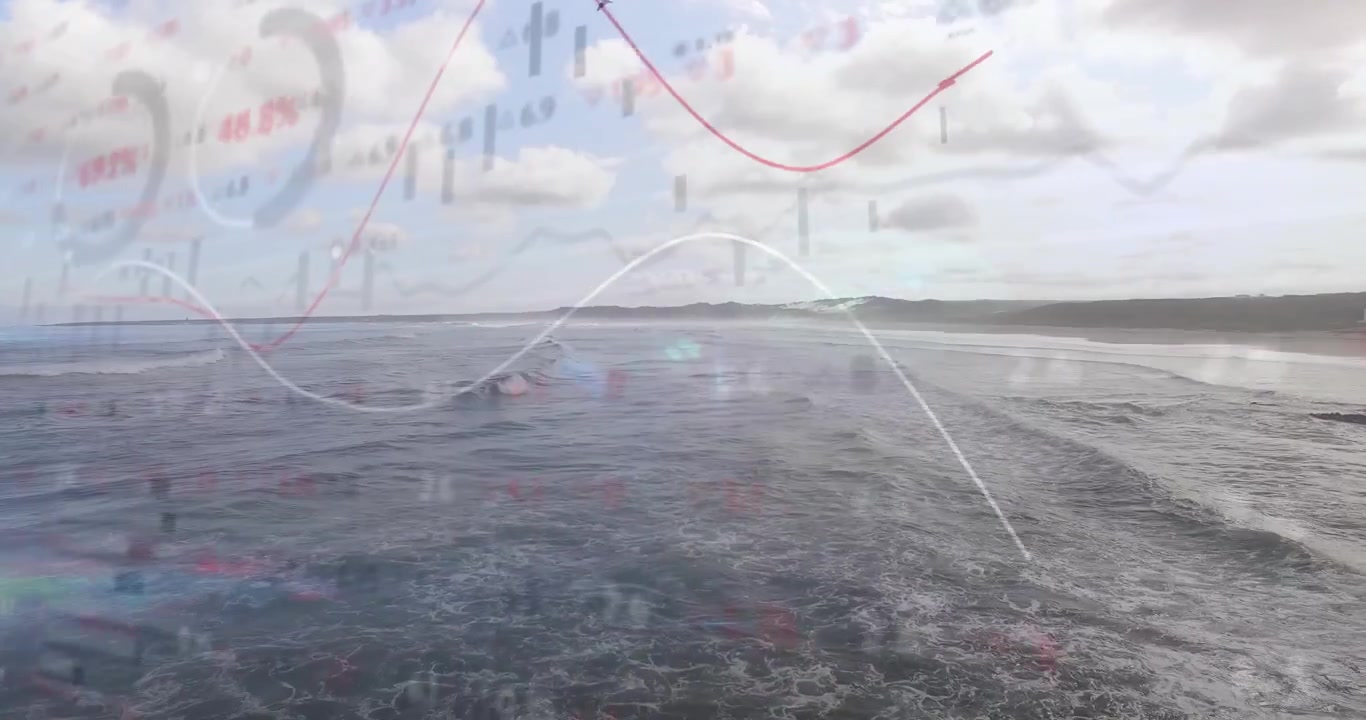 Opening aerial view over ocean waves starting financial overlay undulating with live market data
