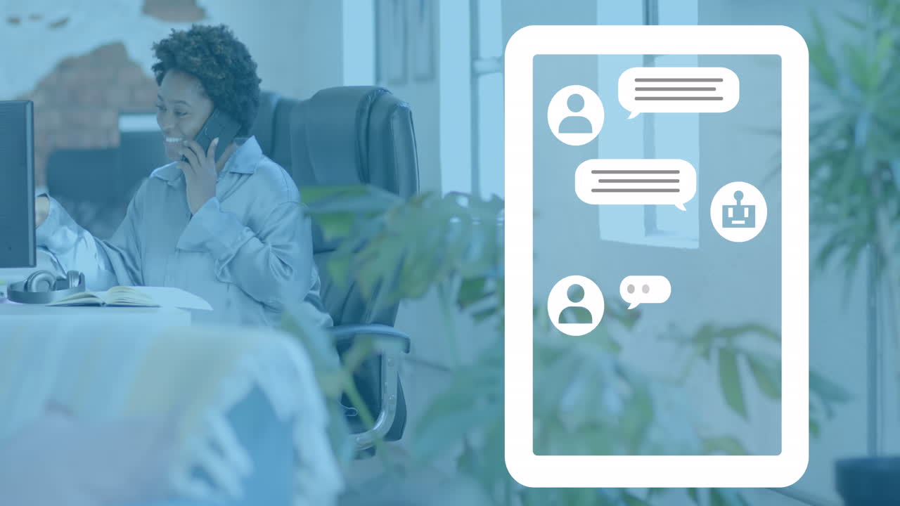 Ai web chat interface o tablet over african american casual businesswoman having phone call