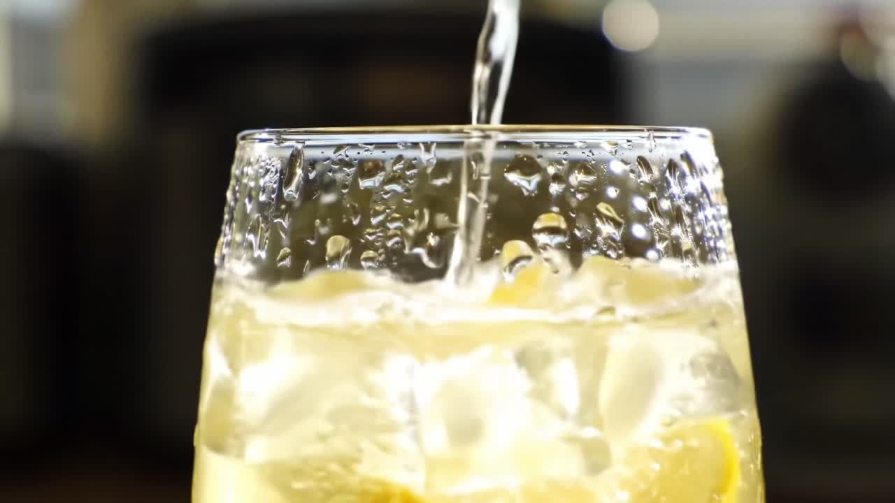 Refreshing drink preparation in a kitchen setting with condensation effects on a glass