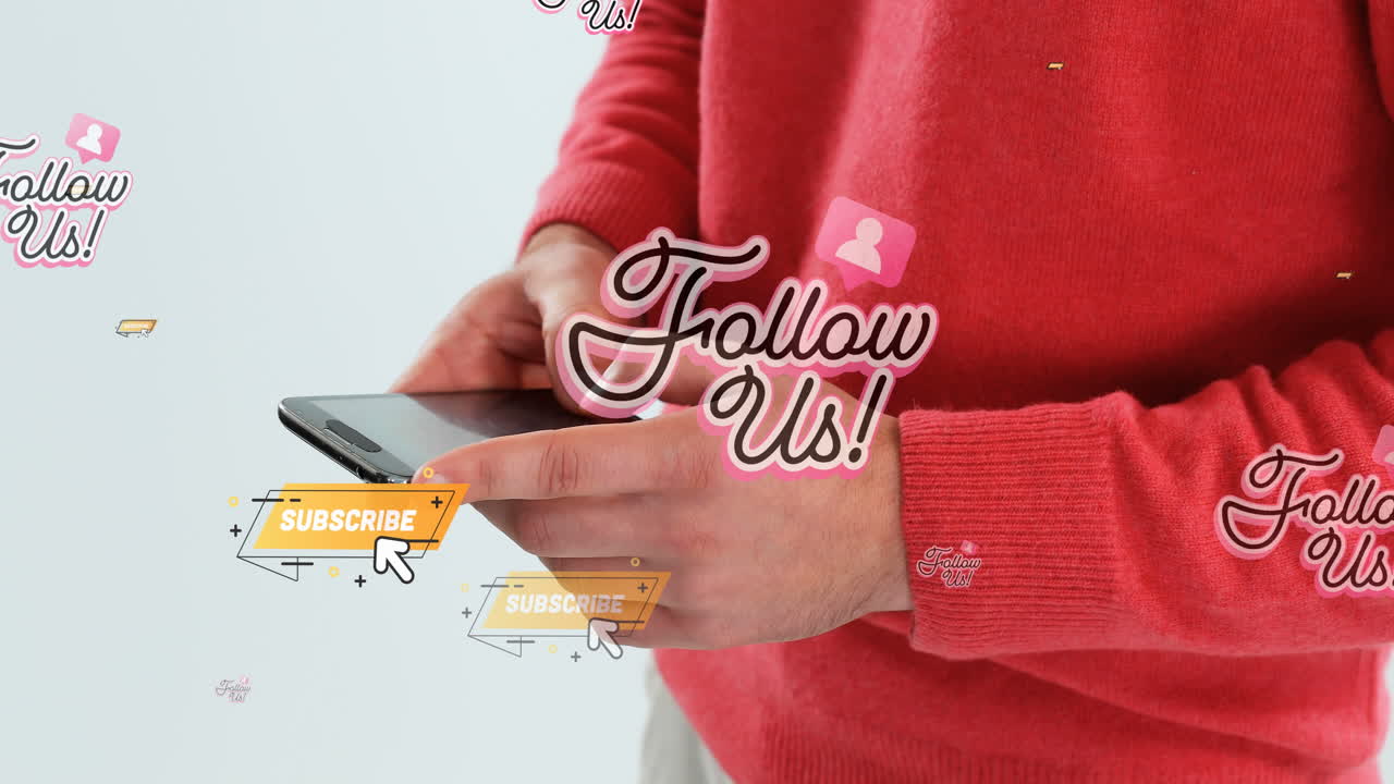 animación de seguirnos sobre la sección media de un hombre caucásico usando un teléfono inteligente en la playa