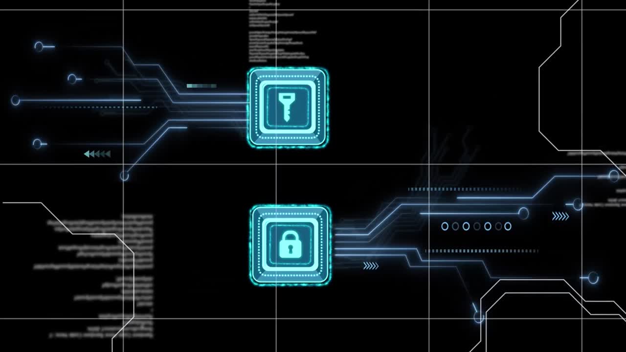 Animation of data processing with online security key and padlock over computer circuit board