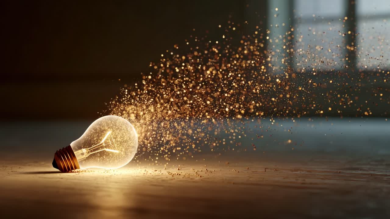 A Shattered Light Bulb Spreading Magical Sparks Across a Dark Surface, Symbolizing Creativity and New Ideas, Illuminating the Surrounding Environment with Its Warm Glow