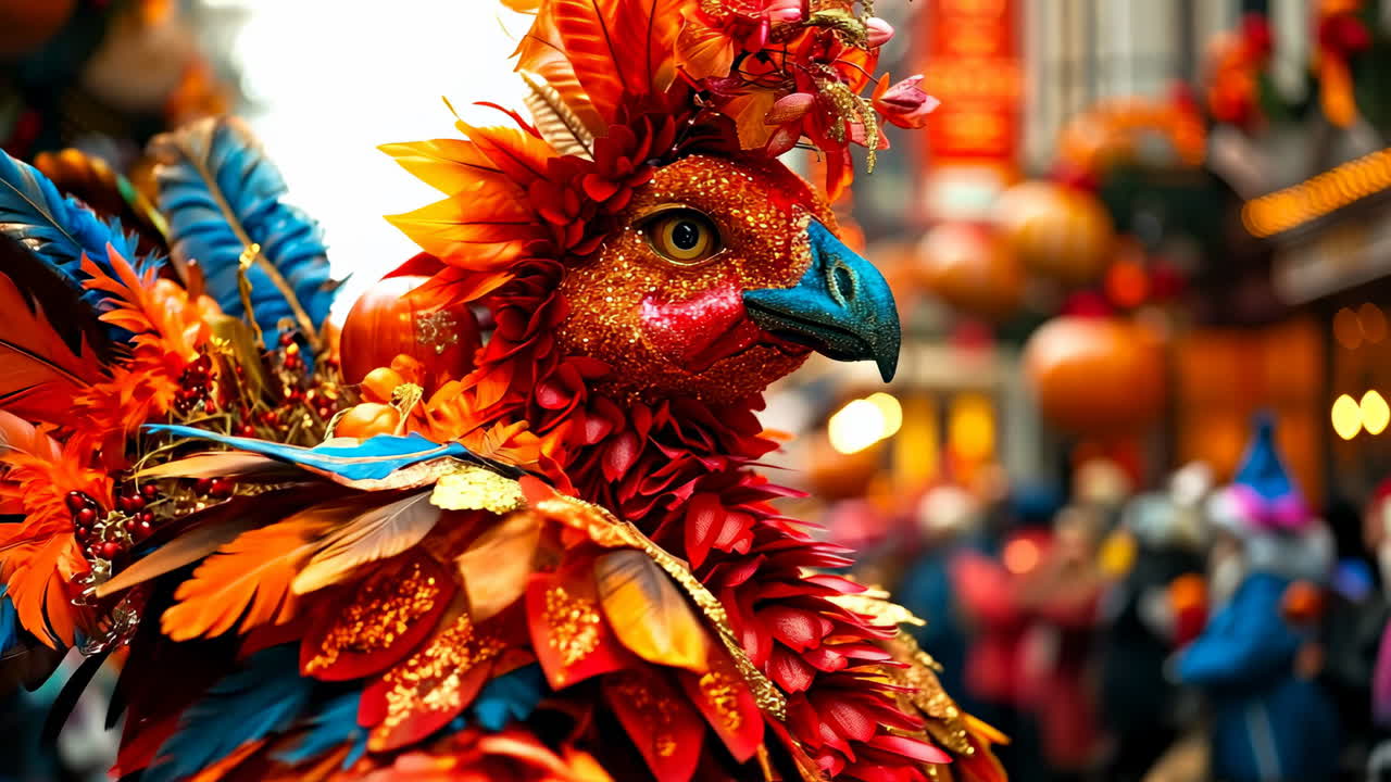 Colorful costume at festival. A vibrant costume with feathers and flowers stands out in a bustling street festival filled with revelers