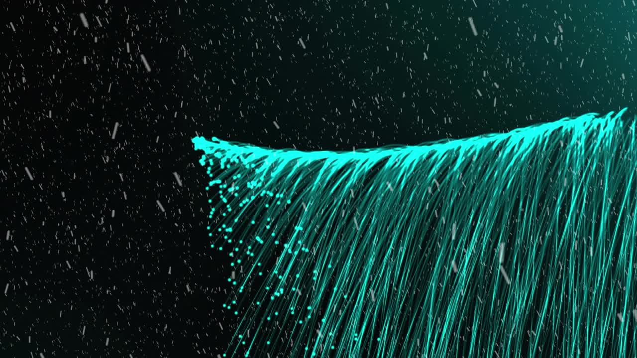 Animation of blue spots and light trails and binary coding over blue grid
