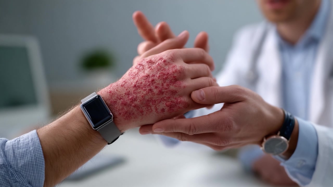 A Medical Consultation Examining Psoriasis: Close-up of Dermatological Condition on Patient’s Hand with Doctor Assessing Skin Symptoms