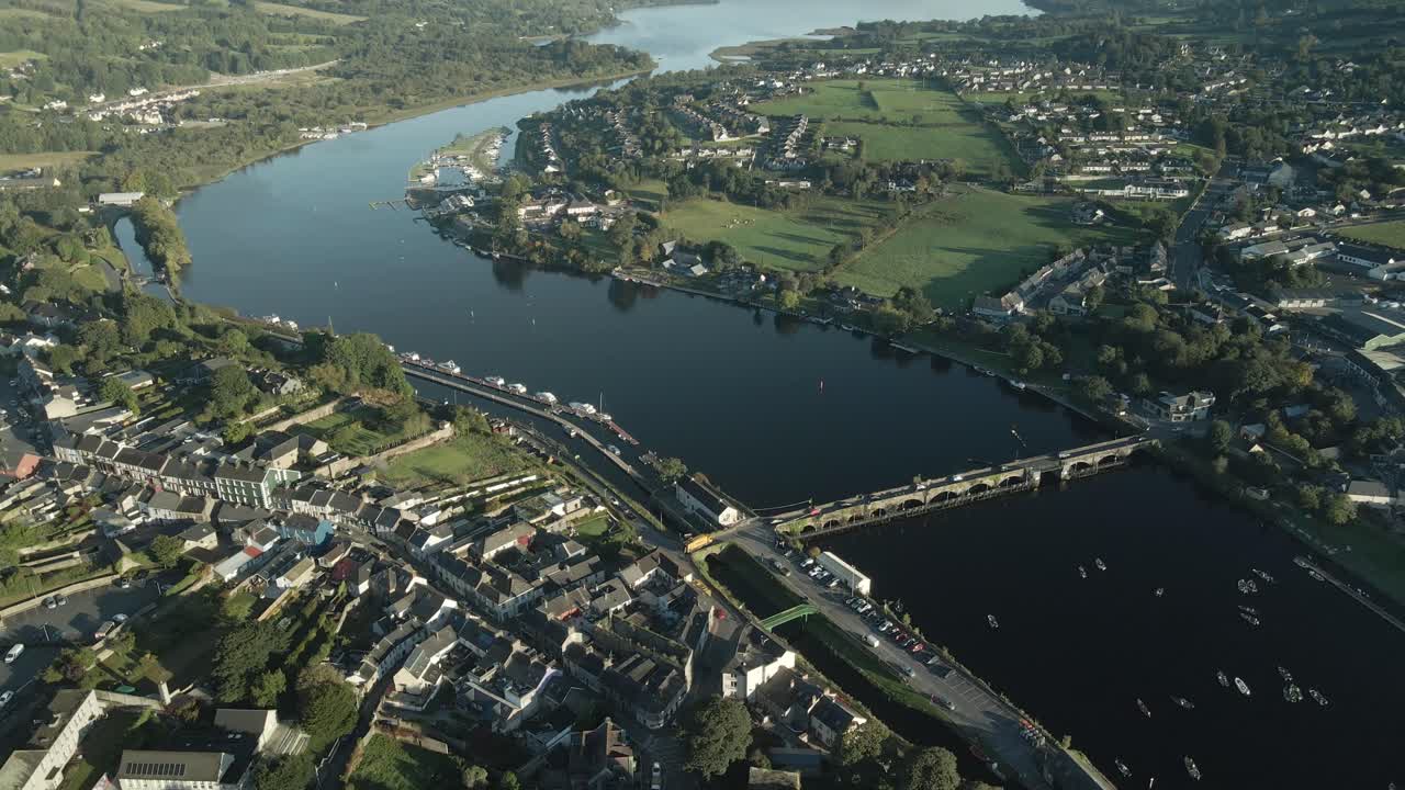 Scenic aerial view of Killaloe town with rivers, bridges, and lush landscapes in County Limerick Ireland