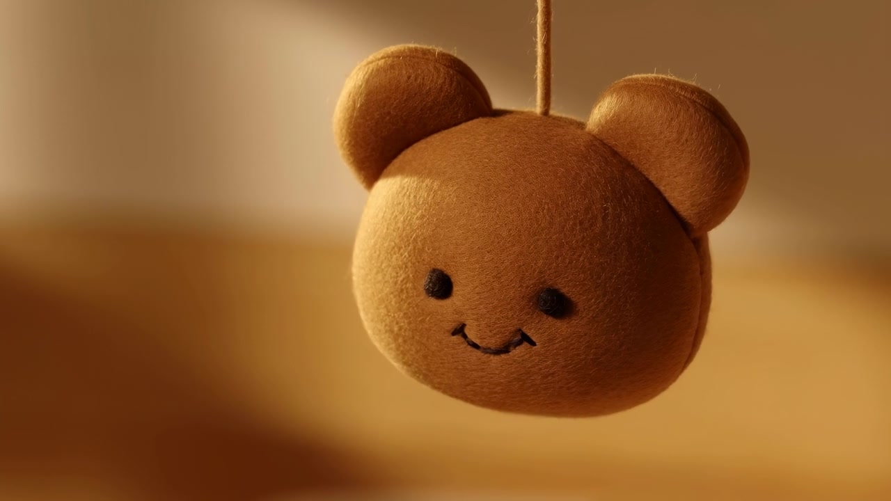 Tight studio close-up of a small plush bear head suspended from a thin string over a warm, softly lit beige background. The felt-like fabric texture, stitched