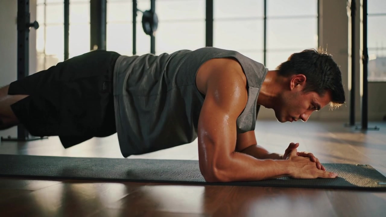 Starting forearm plank, man performing alternating knee drives on mat in gym for core, wearing tank