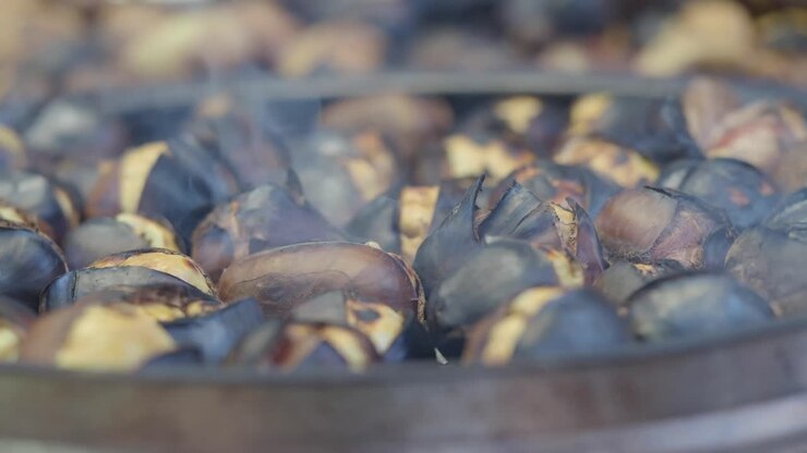 Close-up of Hot Roasted Chestnuts Steaming in a Pan