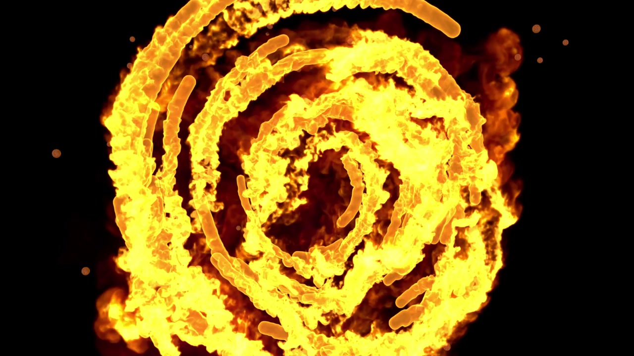 Danza del fuoco. Spirale infuocata. Video, 4k, animazione. Luminoso, dorato. Un'astrazione ipnotica rotante di fuoco. Può essere usato per splash screen.