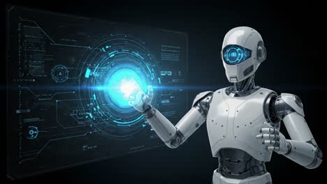 futuristic robot interacting with holographic interface displaying advanced technology and data visualization in a sci-fi environment