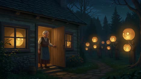 an enchanting night: a warm-hearted scene of an elderly woman opening her door to mysterious lantern spirits in a moonlit forest setting