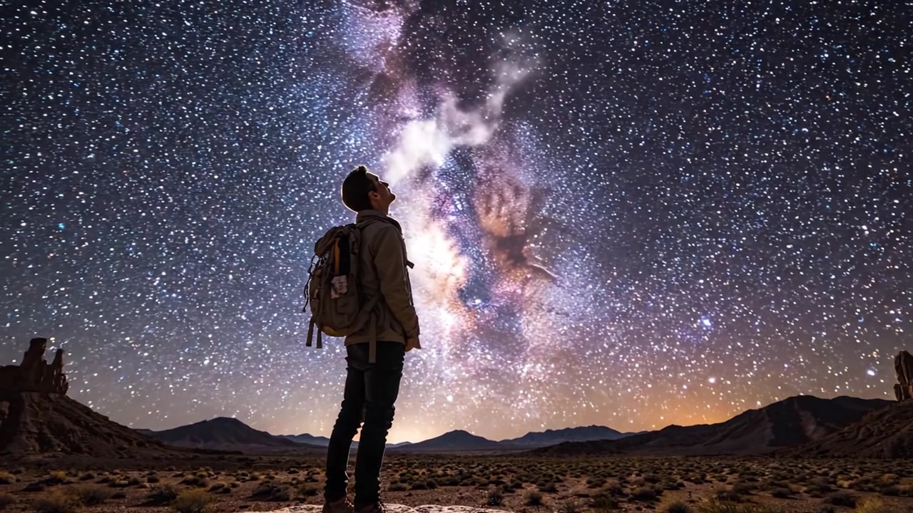 En ensam resenär blickar mot den hisnande natthimlen fylld med stjärnor och Vintergatan, som fångar essensen av kosmisk förundran och utforskning