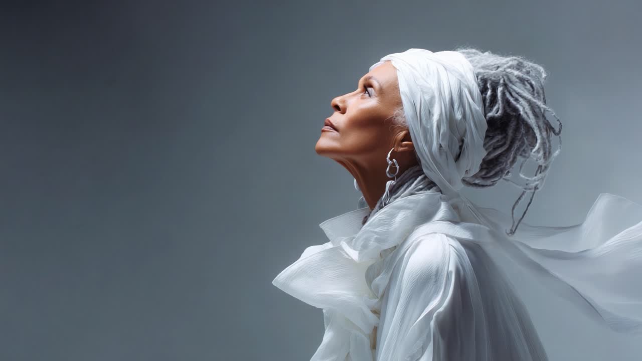 A serene and elegant woman in a flowing white outfit captures a moment of tranquility, exuding grace and poise against a soft, minimalistic background in two stunning frames
