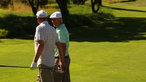 Zwei-Männliche-Freunde-Unterhalten-Sich-Und-Gehen-Auf-Dem-Golfplatz-An-Ihrem-Kart-Vorbei