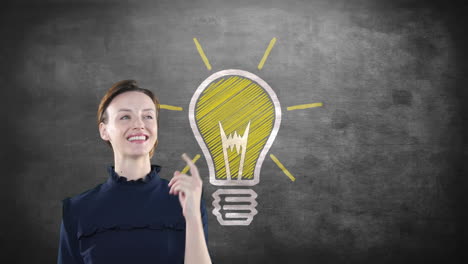 animation of a caucasian woman pointing her finger up over a light bulb appearing on a blackboard