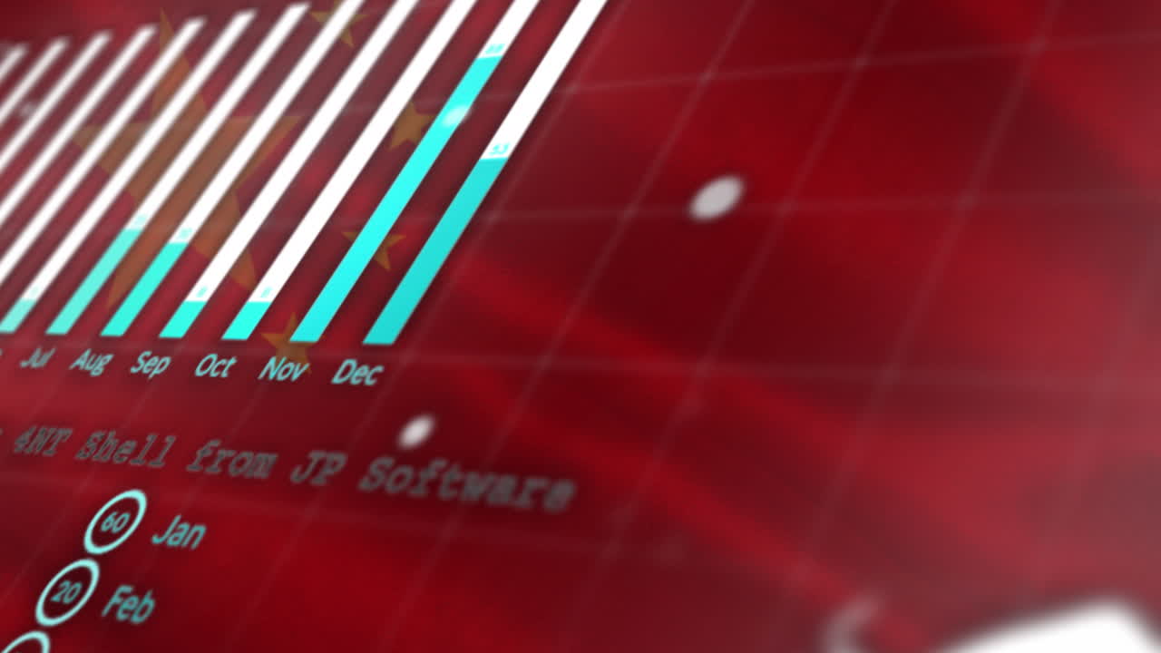 Animation of statistical data processing against waving china flag background