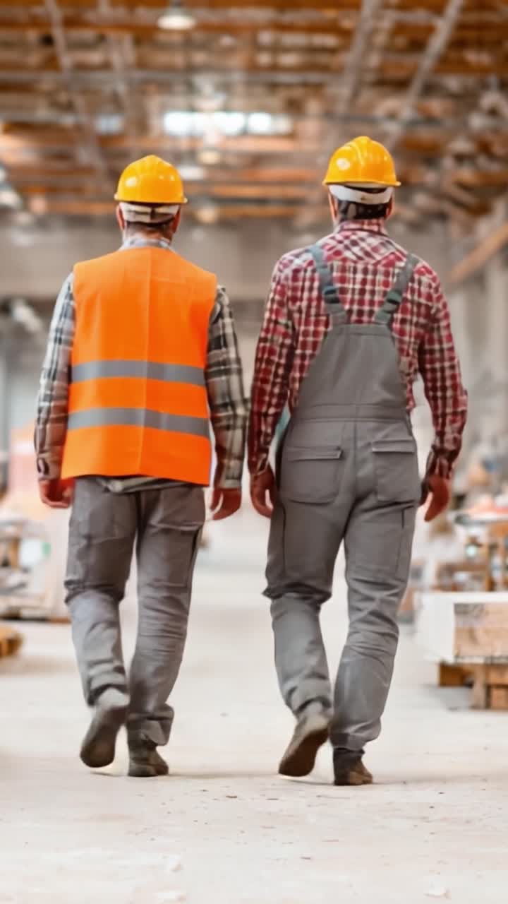 Two Construction Workers in Safety Gear Walking Towards the Camera in a Warehouse Setting, Highlighting Teamwork and Workplace Safety Practices
