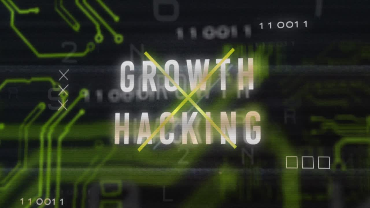 Animation of growth hacking text over data processing and computer circuit board on black background