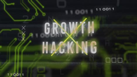 animación de texto de hacking de crecimiento sobre procesamiento de datos y placa de circuito de computadora en fondo negro.