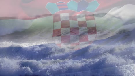 Composición-Digital-De-Ondear-La-Bandera-De-Croacia-Contra-Las-Olas-En-El-Mar