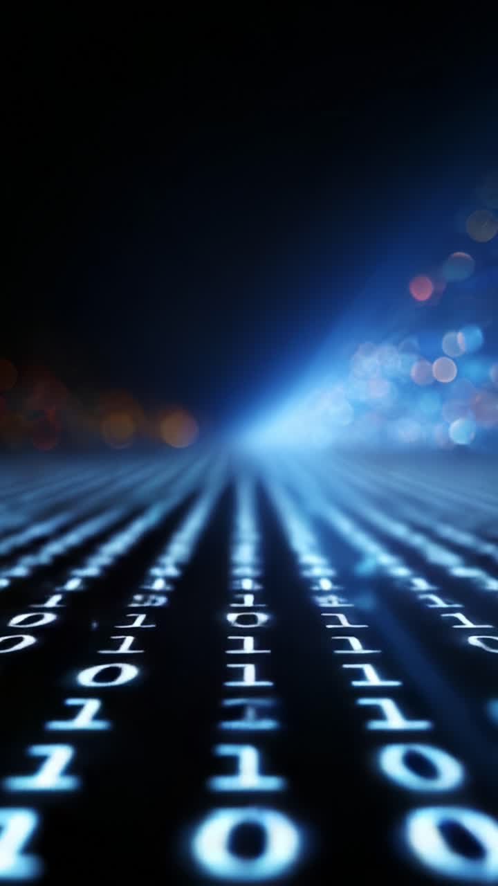 A captivating view of binary code cascading into the distance, creating an immersive digital landscape that symbolizes data flow and technology advancement
