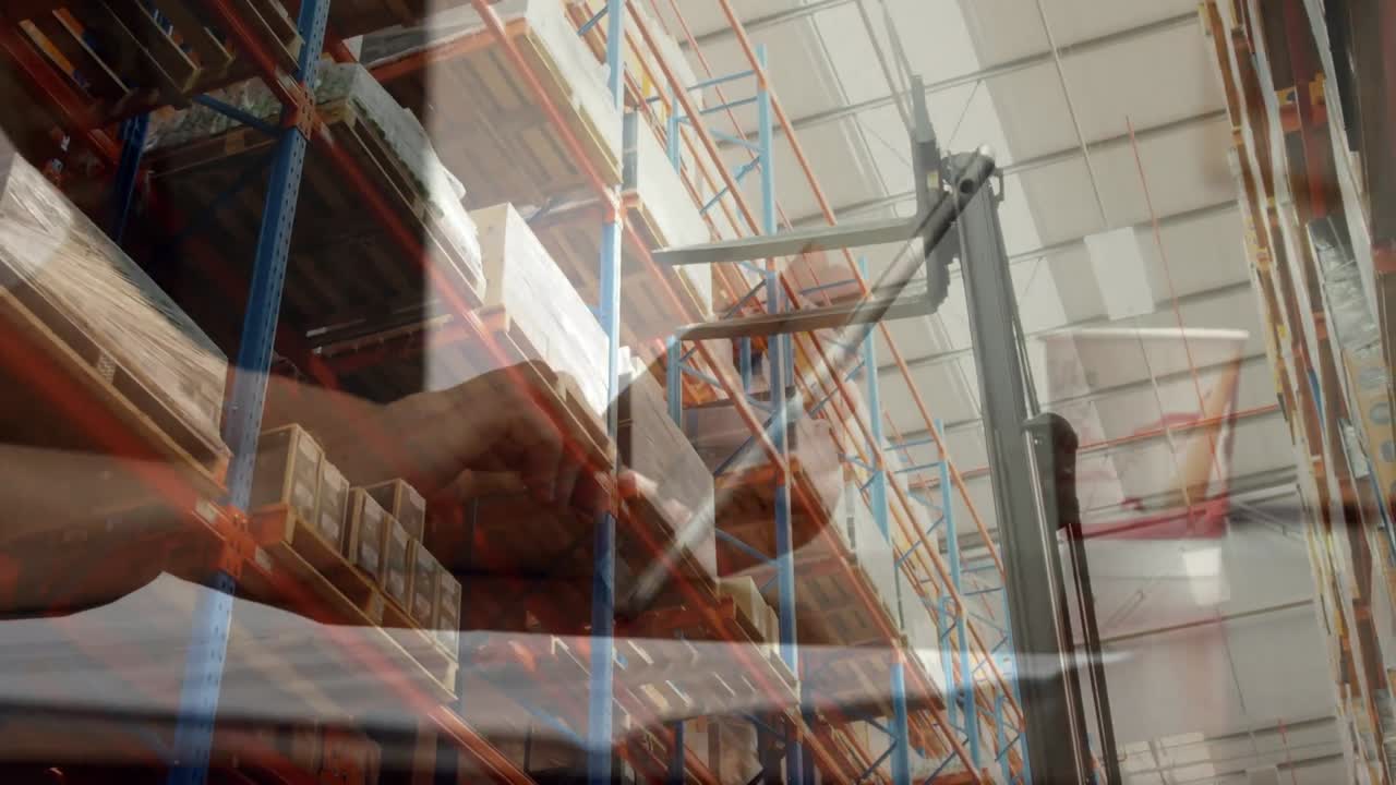 animación de un hombre caucásico usando una tableta sobre un almacén