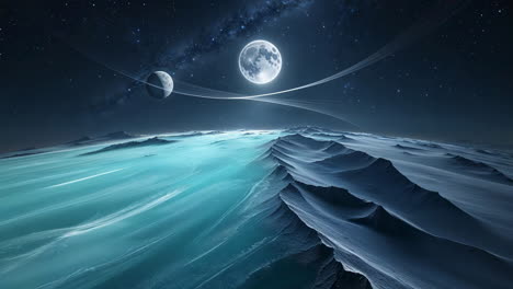 fantasy alien landscape with multiple moons and cosmic sky