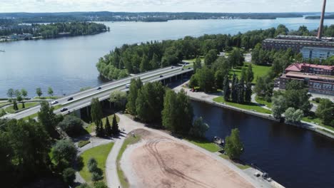 Aerial View of Jyväskylä, Finland: Bridge, Lake, Park, and Cityscape