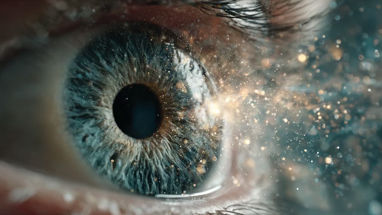 Uno straordinario primo piano di un occhio umano che cattura i complessi motivi e colori in un'ipnotica rappresentazione visiva di luce e scintille