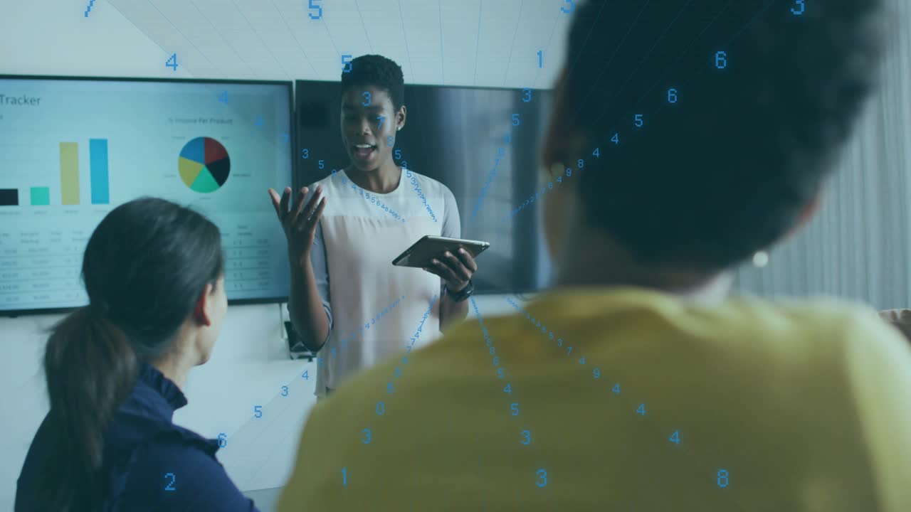 Presenter tapping tablet and raising hand while animating bar and pie charts for business analysis