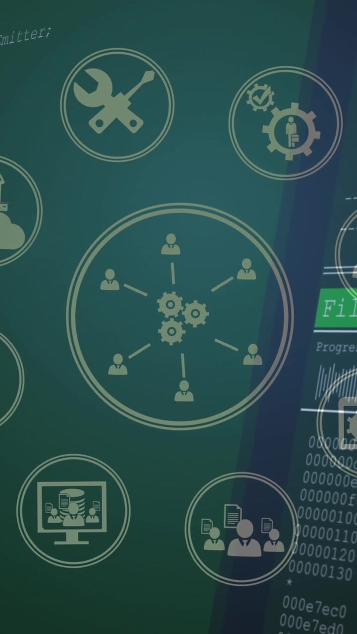 Animation af databehandling og snefnug, der falder ned over en blå baggrund.
