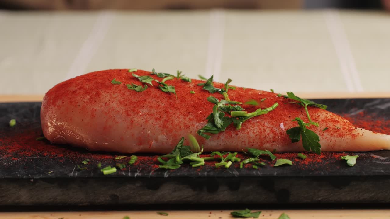 Raw chicken meat in red paprika spice on plate close-up. Preparing raw food for cooking. Grilled chicken, duck, turkey kebab with vegetables.