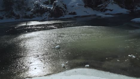 Beautiful-River-Flowing-On-The-Icy-Place-In-Transylvania-During-Winter---Wide-Shot