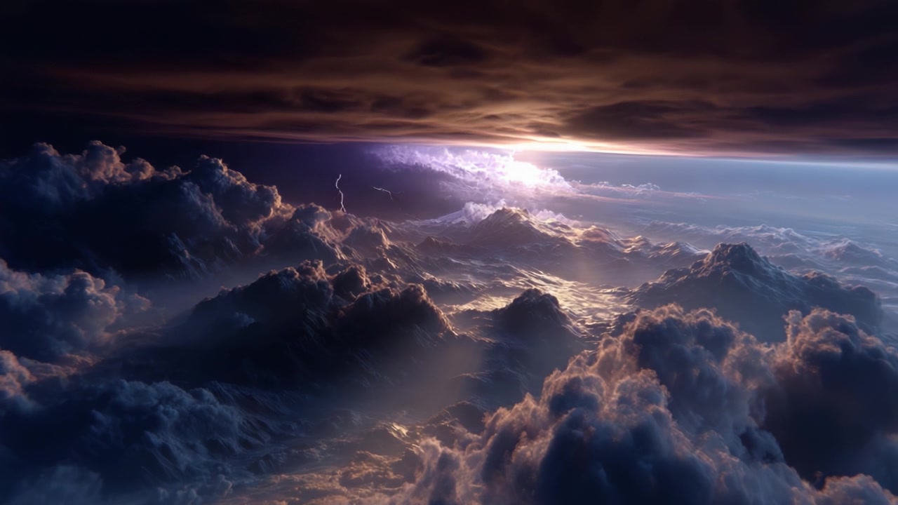Majestic Stormy Skies Over Rolling Clouds: A Breathtaking Display of Nature's Power with Lightning Illuminating the Horizon and Rich Textured Atmosphere