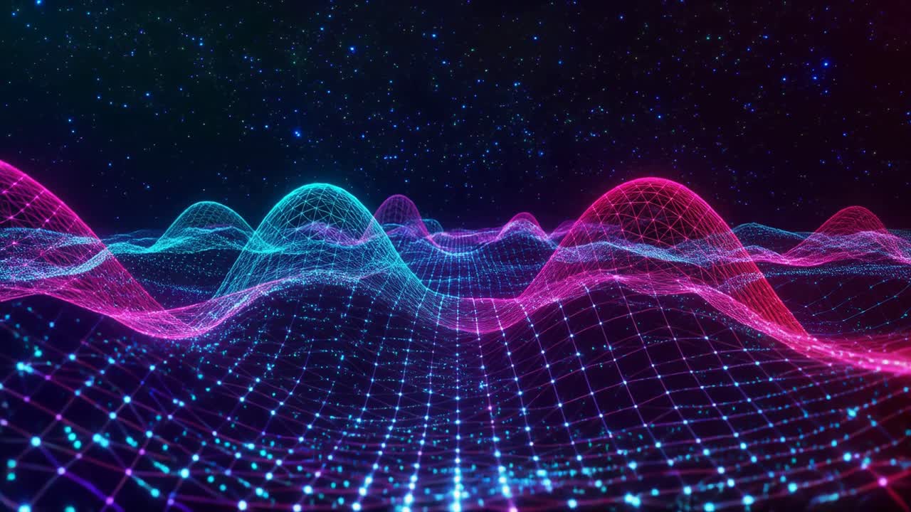 Vibrant Neon Wireframe Grid Waves Flowing in Cyberspace